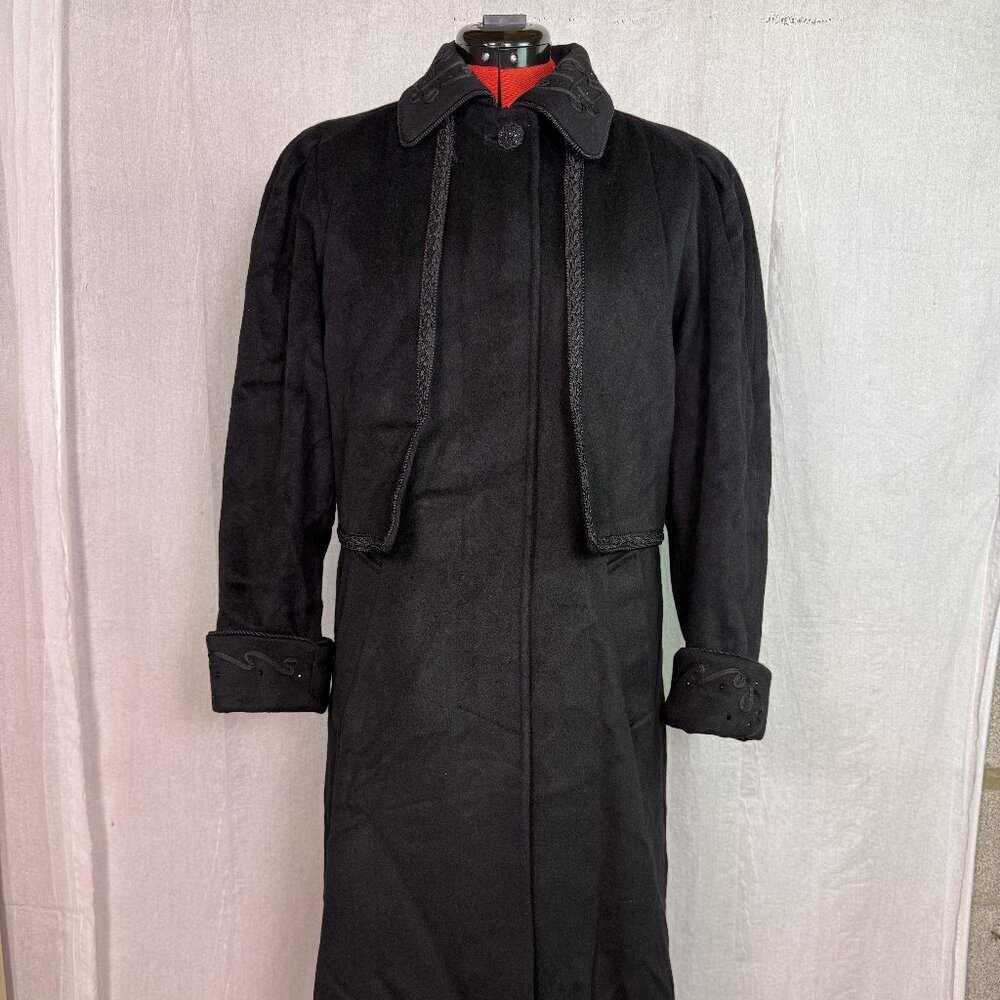 Vtg Lorovi Black Wool Coat Cape Collar Trim Elegant Overcoat Check Measurements